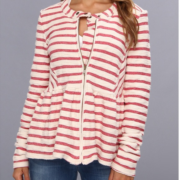 Free People Jackets & Blazers - FREE PEOPLE cream striped peplum zip up jacket